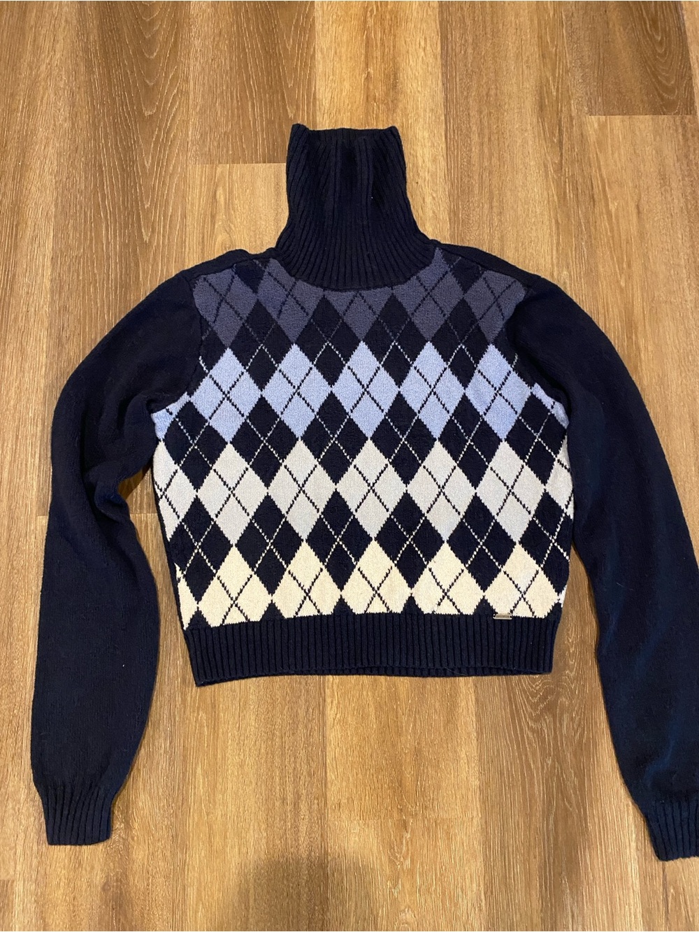 Hollister Navy Argyle Cropped Turtleneck Sweater